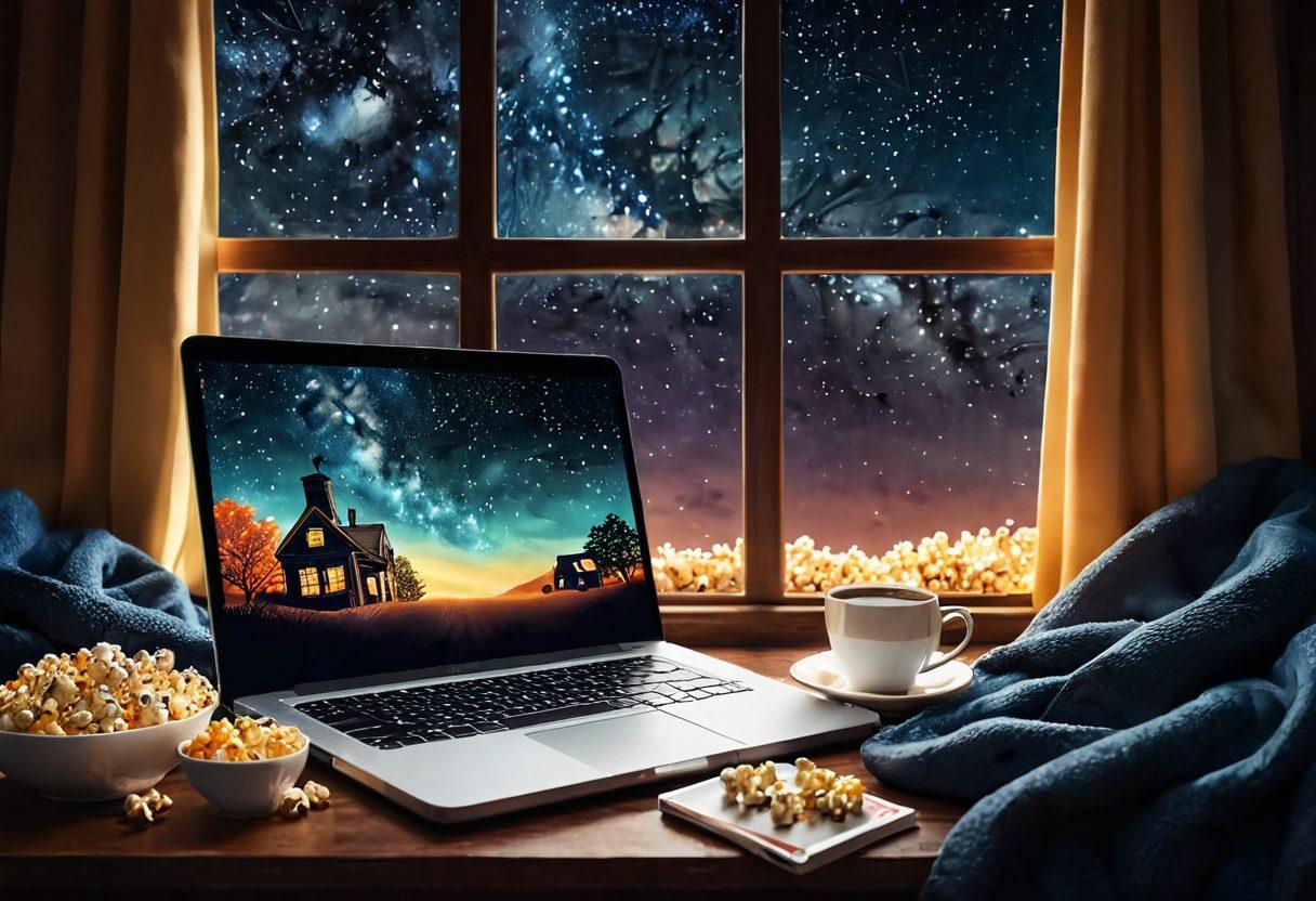 A cozy home setup with a laptop displaying a vibrant movie interface, surrounded by popcorn, a cup of steaming coffee, and a cozy blanket. A window shows a starry night sky to enhance the cinematic feel. Include subtle elements like film reels and movie posters in the background. warm tones. vector art. high detail.