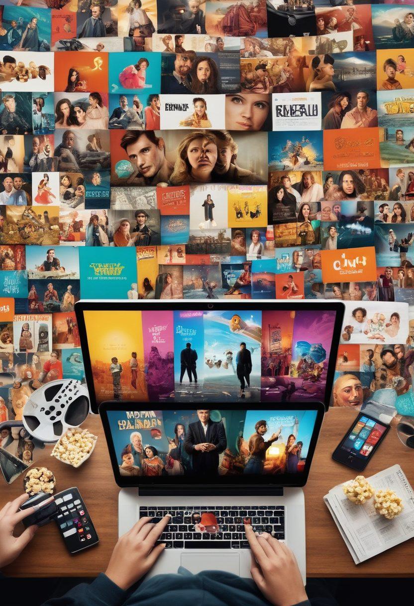 A visually engaging collage featuring a diverse group of people streaming movies on various devices like laptops, tablets, and smartphones. Include iconic movie reels, popcorn, and download icons to represent both streaming and downloading films. The background should be vibrant with a playful mix of film-related elements like clapperboards and cinematic lights. The overall atmosphere should evoke excitement and knowledge about the world of free streaming. digital illustration. vibrant colors. playful style.