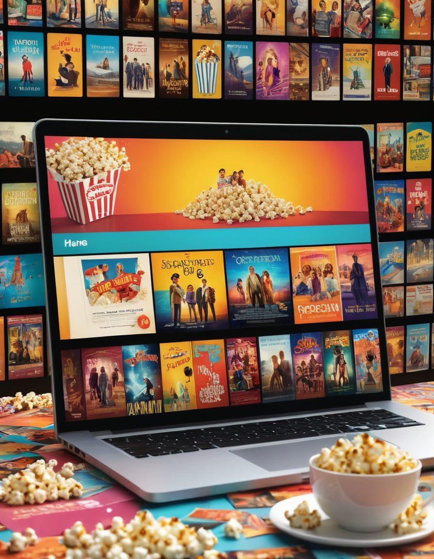 A vibrant digital library filled with colorful movie posters from various genres, showcasing film reels and popcorn scattered around. An open laptop emits a warm glow, highlighting a search bar filled with text. Include silhouettes of people joyfully browsing films. The ambiance is inviting and cinematic, with a playful, whimsical touch. super-realistic. vibrant colors. 3D.